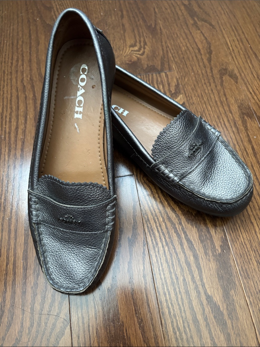 Coach “Odette” Metallic Gunmetal Leather Penny Loafers